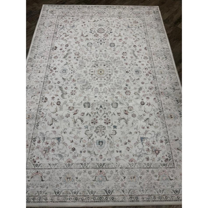 Washable Liberty LIB201 Traditional Distressed Floral Medallion Border Easy-Care Smooth Soft-Touch Faux-Feel Lightweight Printed Polyester Short Pile Flatweave Cream/Pale Grey/Blush/Dusty Blue/Muted Green/Taupe Rug