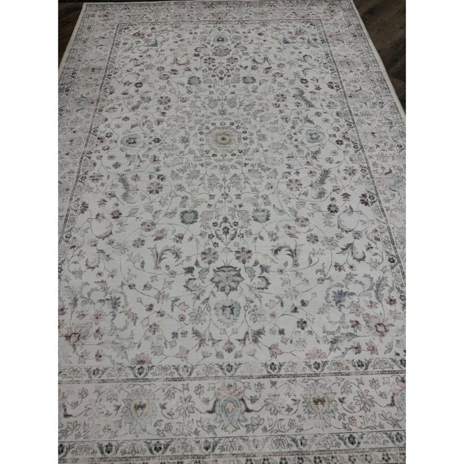 Washable Liberty LIB201 Traditional Distressed Floral Medallion Border Easy-Care Smooth Soft-Touch Faux-Feel Lightweight Printed Polyester Short Pile Flatweave Cream/Pale Grey/Blush/Dusty Blue/Muted Green/Taupe Rug