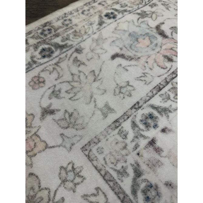 Washable Liberty LIB201 Traditional Distressed Floral Medallion Border Easy-Care Smooth Soft-Touch Faux-Feel Lightweight Printed Polyester Short Pile Flatweave Cream/Pale Grey/Blush/Dusty Blue/Muted Green/Taupe Rug