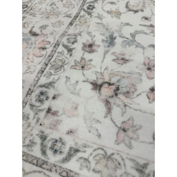 Washable Liberty LIB201 Traditional Distressed Floral Medallion Border Easy-Care Smooth Soft-Touch Faux-Feel Lightweight Printed Polyester Short Pile Flatweave Cream/Pale Grey/Blush/Dusty Blue/Muted Green/Taupe Rug