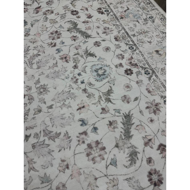 Washable Liberty LIB201 Traditional Distressed Floral Medallion Border Easy-Care Smooth Soft-Touch Faux-Feel Lightweight Printed Polyester Short Pile Flatweave Cream/Pale Grey/Blush/Dusty Blue/Muted Green/Taupe Rug