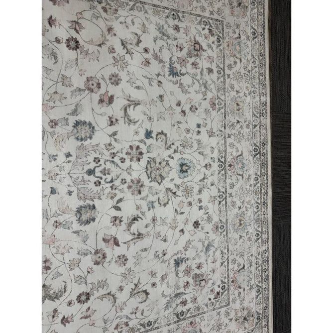 Washable Liberty LIB201 Traditional Distressed Floral Medallion Border Easy-Care Smooth Soft-Touch Faux-Feel Lightweight Printed Polyester Short Pile Flatweave Cream/Pale Grey/Blush/Dusty Blue/Muted Green/Taupe Rug
