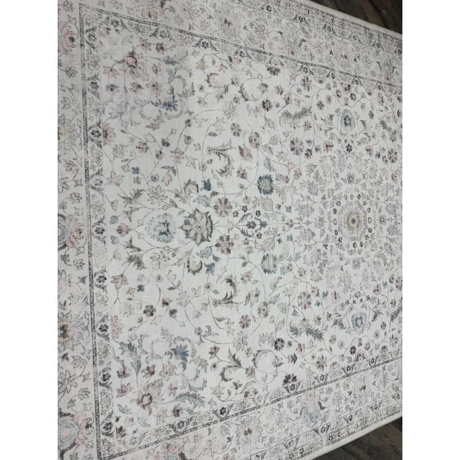 Washable Liberty LIB201 Traditional Distressed Floral Medallion Border Easy-Care Smooth Soft-Touch Faux-Feel Lightweight Printed Polyester Short Pile Flatweave Cream/Pale Grey/Blush/Dusty Blue/Muted Green/Taupe Rug