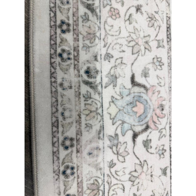 Washable Liberty LIB201 Traditional Distressed Floral Medallion Border Easy-Care Smooth Soft-Touch Faux-Feel Lightweight Printed Polyester Short Pile Flatweave Cream/Pale Grey/Blush/Dusty Blue/Muted Green/Taupe Rug