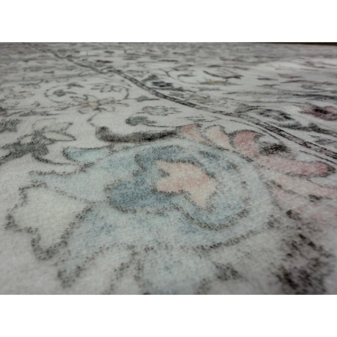 Washable Liberty LIB201 Traditional Distressed Floral Medallion Border Easy-Care Smooth Soft-Touch Faux-Feel Lightweight Printed Polyester Short Pile Flatweave Cream/Pale Grey/Blush/Dusty Blue/Muted Green/Taupe Rug