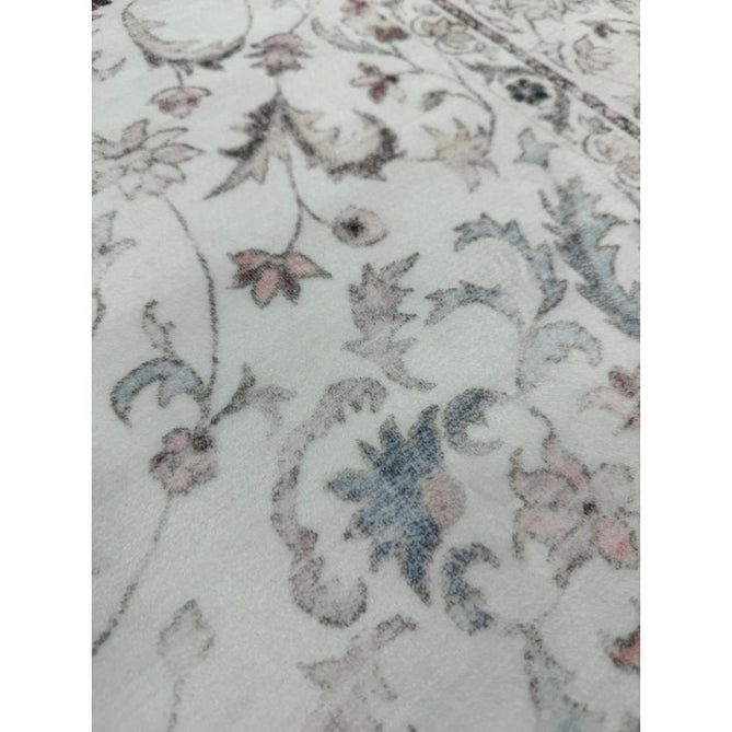 Washable Liberty LIB201 Traditional Distressed Floral Medallion Border Easy-Care Smooth Soft-Touch Faux-Feel Lightweight Printed Polyester Short Pile Flatweave Cream/Pale Grey/Blush/Dusty Blue/Muted Green/Taupe Rug