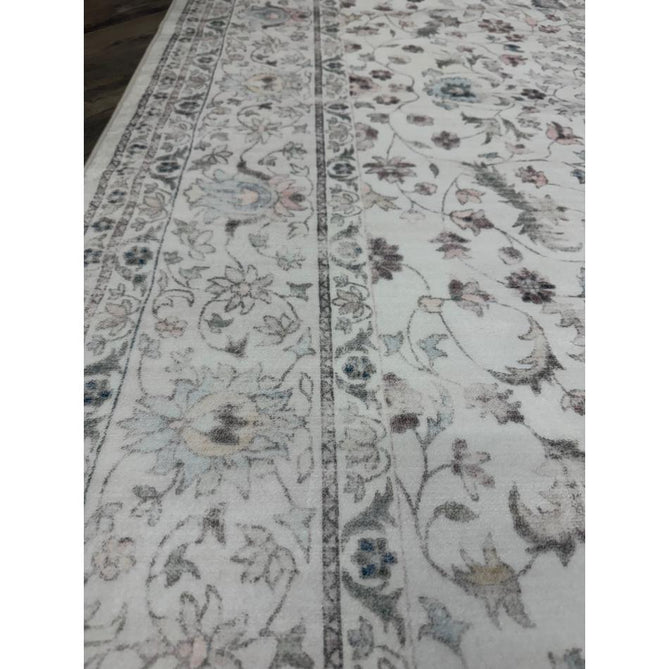 Washable Liberty LIB201 Traditional Distressed Floral Medallion Border Easy-Care Smooth Soft-Touch Faux-Feel Lightweight Printed Polyester Short Pile Flatweave Cream/Pale Grey/Blush/Dusty Blue/Muted Green/Taupe Rug