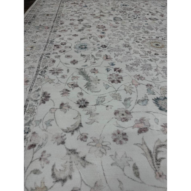 Washable Liberty LIB201 Traditional Distressed Floral Medallion Border Easy-Care Smooth Soft-Touch Faux-Feel Lightweight Printed Polyester Short Pile Flatweave Cream/Pale Grey/Blush/Dusty Blue/Muted Green/Taupe Rug
