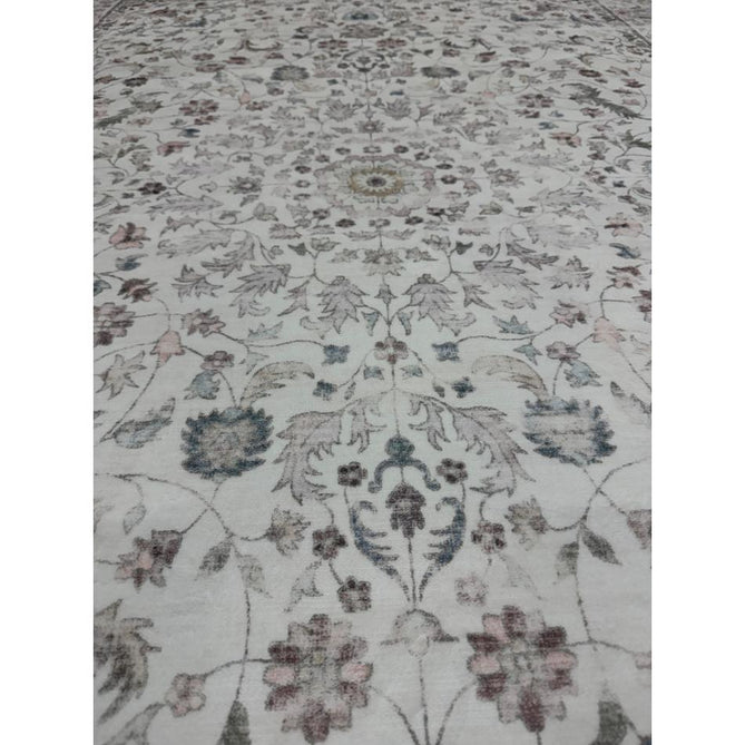 Washable Liberty LIB201 Traditional Distressed Floral Medallion Border Easy-Care Smooth Soft-Touch Faux-Feel Lightweight Printed Polyester Short Pile Flatweave Cream/Pale Grey/Blush/Dusty Blue/Muted Green/Taupe Rug