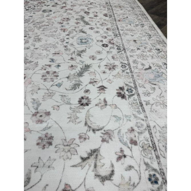 Washable Liberty LIB201 Traditional Distressed Floral Medallion Border Easy-Care Smooth Soft-Touch Faux-Feel Lightweight Printed Polyester Short Pile Flatweave Cream/Pale Grey/Blush/Dusty Blue/Muted Green/Taupe Rug