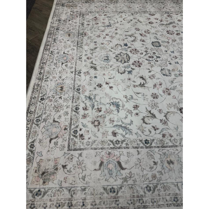 Washable Liberty LIB201 Traditional Distressed Floral Medallion Border Easy-Care Smooth Soft-Touch Faux-Feel Lightweight Printed Polyester Short Pile Flatweave Cream/Pale Grey/Blush/Dusty Blue/Muted Green/Taupe Rug