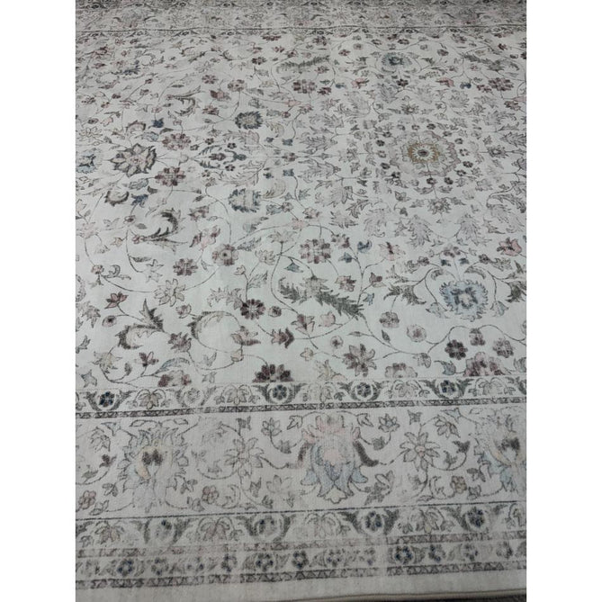 Washable Liberty LIB201 Traditional Distressed Floral Medallion Border Easy-Care Smooth Soft-Touch Faux-Feel Lightweight Printed Polyester Short Pile Flatweave Cream/Pale Grey/Blush/Dusty Blue/Muted Green/Taupe Rug