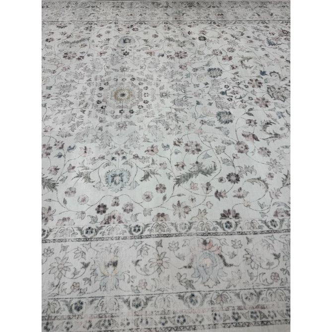 Washable Liberty LIB201 Traditional Distressed Floral Medallion Border Easy-Care Smooth Soft-Touch Faux-Feel Lightweight Printed Polyester Short Pile Flatweave Cream/Pale Grey/Blush/Dusty Blue/Muted Green/Taupe Rug