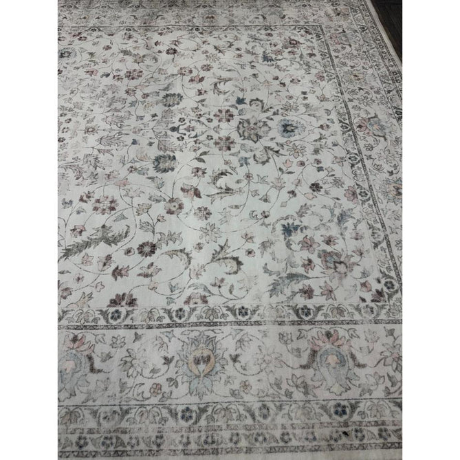 Washable Liberty LIB201 Traditional Distressed Floral Medallion Border Easy-Care Smooth Soft-Touch Faux-Feel Lightweight Printed Polyester Short Pile Flatweave Cream/Pale Grey/Blush/Dusty Blue/Muted Green/Taupe Rug