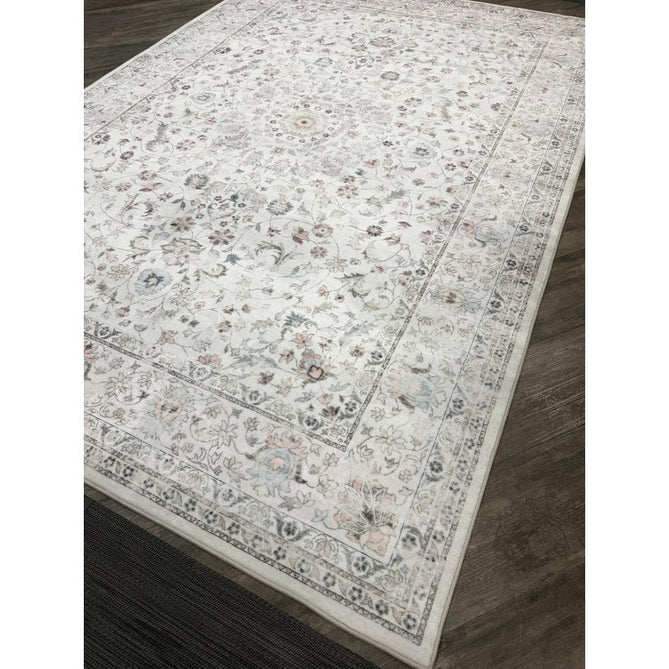 Washable Liberty LIB201 Traditional Distressed Floral Medallion Border Easy-Care Smooth Soft-Touch Faux-Feel Lightweight Printed Polyester Short Pile Flatweave Cream/Pale Grey/Blush/Dusty Blue/Muted Green/Taupe Rug