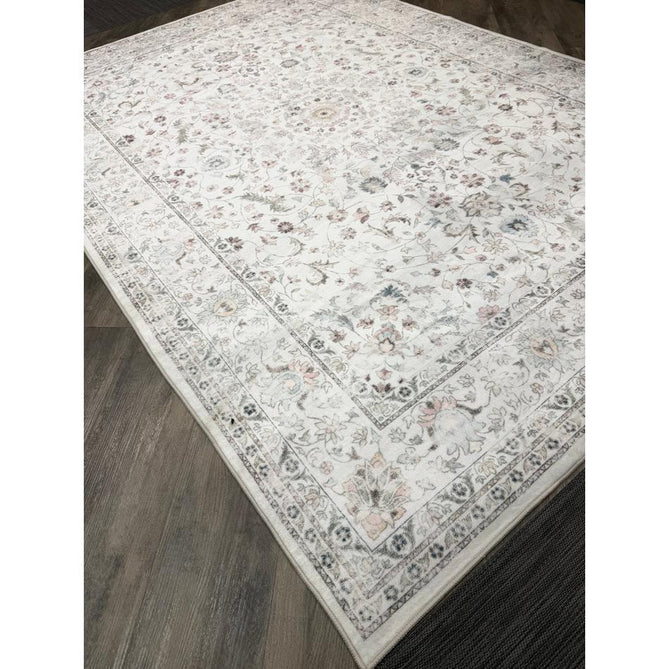 Washable Liberty LIB201 Traditional Distressed Floral Medallion Border Easy-Care Smooth Soft-Touch Faux-Feel Lightweight Printed Polyester Short Pile Flatweave Cream/Pale Grey/Blush/Dusty Blue/Muted Green/Taupe Rug