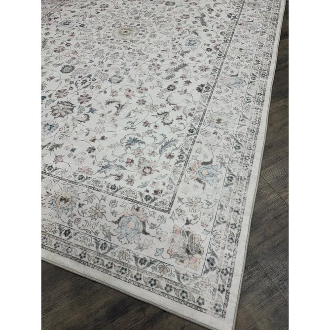 Washable Liberty LIB201 Traditional Distressed Floral Medallion Border Easy-Care Smooth Soft-Touch Faux-Feel Lightweight Printed Polyester Short Pile Flatweave Cream/Pale Grey/Blush/Dusty Blue/Muted Green/Taupe Rug