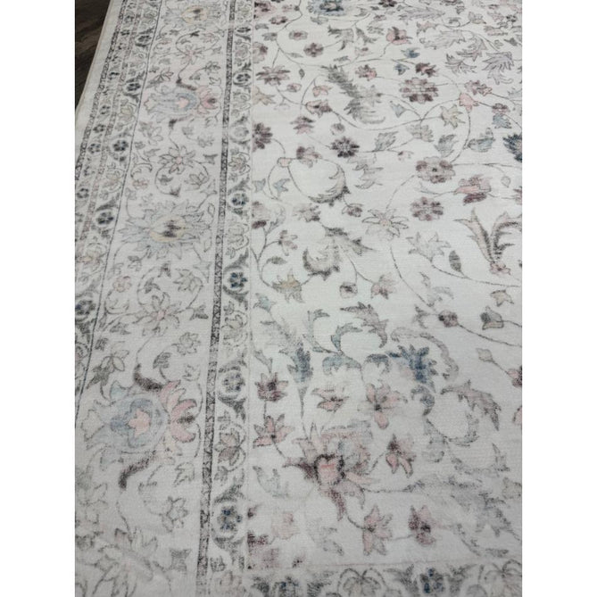 Washable Liberty LIB201 Traditional Distressed Floral Medallion Border Easy-Care Smooth Soft-Touch Faux-Feel Lightweight Printed Polyester Short Pile Flatweave Cream/Pale Grey/Blush/Dusty Blue/Muted Green/Taupe Rug