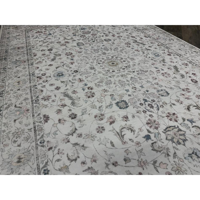 Washable Liberty LIB201 Traditional Distressed Floral Medallion Border Easy-Care Smooth Soft-Touch Faux-Feel Lightweight Printed Polyester Short Pile Flatweave Cream/Pale Grey/Blush/Dusty Blue/Muted Green/Taupe Rug