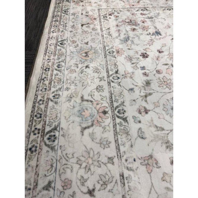 Washable Liberty LIB201 Traditional Distressed Floral Medallion Border Easy-Care Smooth Soft-Touch Faux-Feel Lightweight Printed Polyester Short Pile Flatweave Cream/Pale Grey/Blush/Dusty Blue/Muted Green/Taupe Rug
