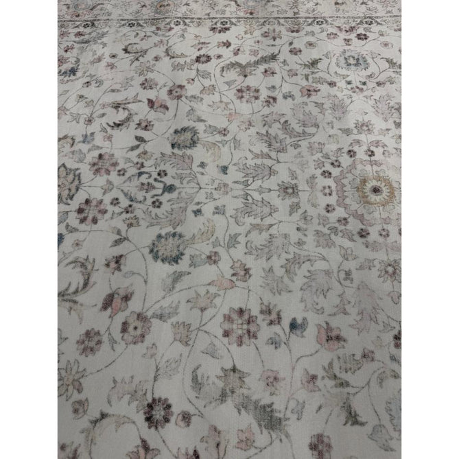 Washable Liberty LIB201 Traditional Distressed Floral Medallion Border Easy-Care Smooth Soft-Touch Faux-Feel Lightweight Printed Polyester Short Pile Flatweave Cream/Pale Grey/Blush/Dusty Blue/Muted Green/Taupe Rug