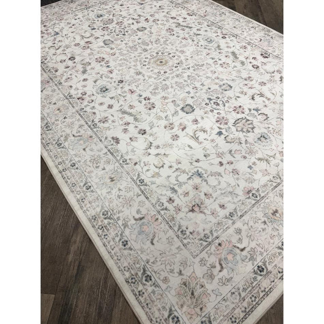 Washable Liberty LIB201 Traditional Distressed Floral Medallion Border Easy-Care Smooth Soft-Touch Faux-Feel Lightweight Printed Polyester Short Pile Flatweave Cream/Pale Grey/Blush/Dusty Blue/Muted Green/Taupe Rug