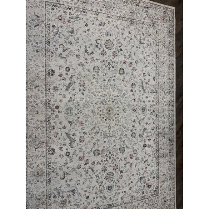 Washable Liberty LIB201 Traditional Distressed Floral Medallion Border Easy-Care Smooth Soft-Touch Faux-Feel Lightweight Printed Polyester Short Pile Flatweave Cream/Pale Grey/Blush/Dusty Blue/Muted Green/Taupe Rug