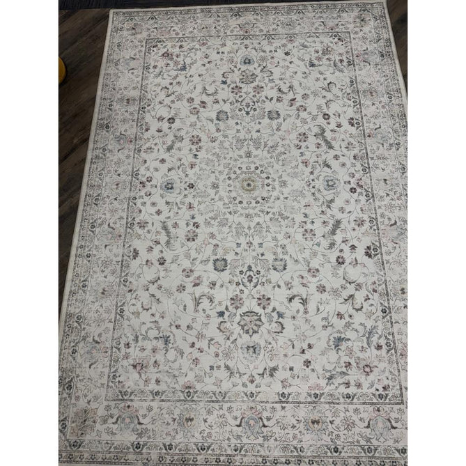 Washable Liberty LIB201 Traditional Distressed Floral Medallion Border Easy-Care Smooth Soft-Touch Faux-Feel Lightweight Printed Polyester Short Pile Flatweave Cream/Pale Grey/Blush/Dusty Blue/Muted Green/Taupe Rug