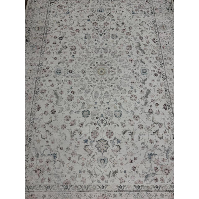 Washable Liberty LIB201 Traditional Distressed Floral Medallion Border Easy-Care Smooth Soft-Touch Faux-Feel Lightweight Printed Polyester Short Pile Flatweave Cream/Pale Grey/Blush/Dusty Blue/Muted Green/Taupe Rug