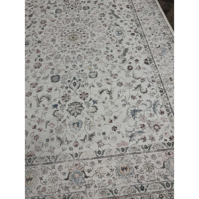 Washable Liberty LIB201 Traditional Distressed Floral Medallion Border Easy-Care Smooth Soft-Touch Faux-Feel Lightweight Printed Polyester Short Pile Flatweave Cream/Pale Grey/Blush/Dusty Blue/Muted Green/Taupe Rug