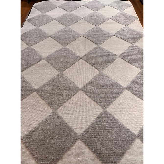 Washable Lyna J0529 Modern Harlequin Checkerboard Diamond Soft-Touch Carved Hi-Lo Ribbed Multi-Textured Polyblend Cream/Grey Rug