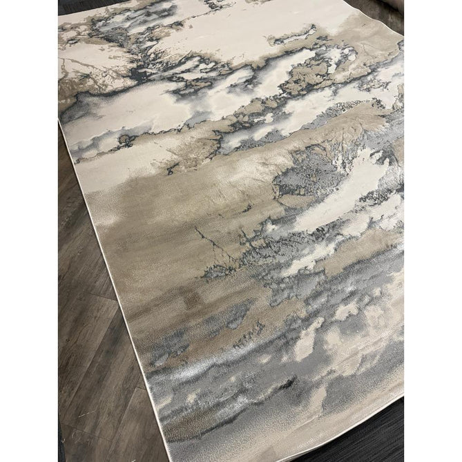 Aurora AU02 Cloud Modern Abstract Distressed Marbled Metallic Shimmer Textured High-Density Soft Smooth Low Profile Polyblend Short-Pile Grey/Beige/Silver/Cream/White Runner