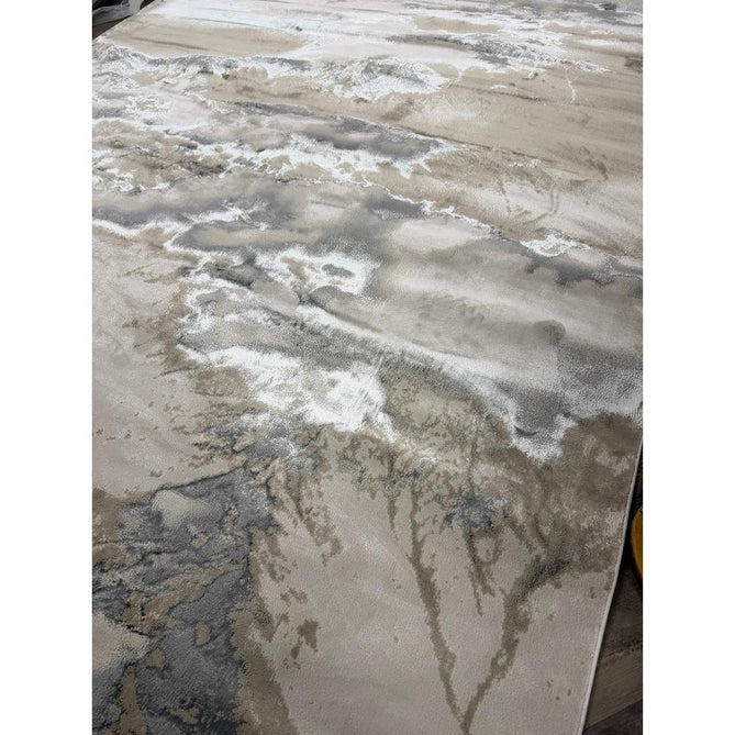 Aurora AU02 Cloud Modern Abstract Distressed Marbled Metallic Shimmer Textured High-Density Soft Smooth Low Profile Polyblend Short-Pile Grey/Beige/Silver/Cream/White Runner