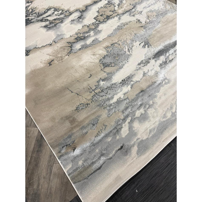 Aurora AU02 Cloud Modern Abstract Distressed Marbled Metallic Shimmer Textured High-Density Soft Smooth Low Profile Polyblend Short-Pile Grey/Beige/Silver/Cream/White Runner