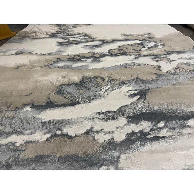 Aurora AU02 Cloud Modern Abstract Distressed Marbled Metallic Shimmer Textured High-Density Soft Smooth Low Profile Polyblend Short-Pile Grey/Beige/Silver/Cream/White Runner