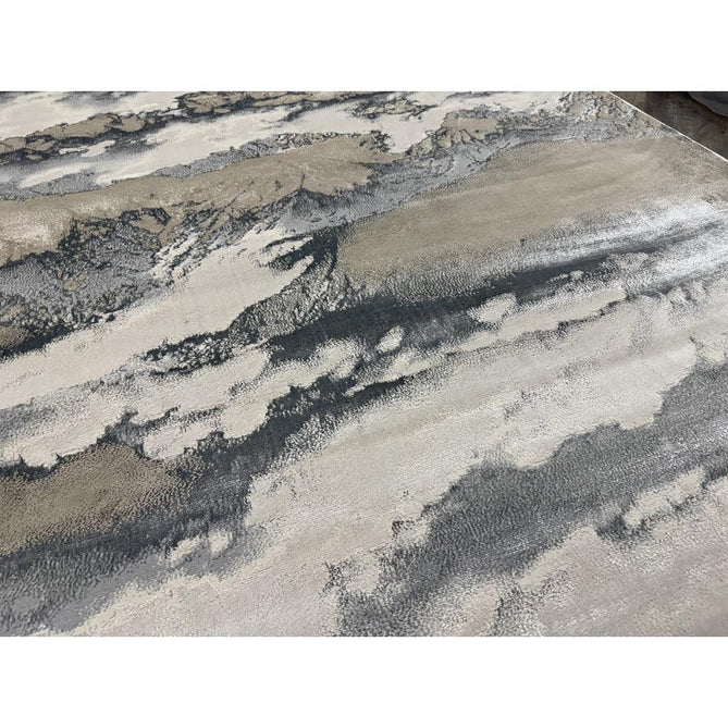 Aurora AU02 Cloud Modern Abstract Distressed Marbled Metallic Shimmer Textured High-Density Soft Smooth Low Profile Polyblend Short-Pile Grey/Beige/Silver/Cream/White Runner