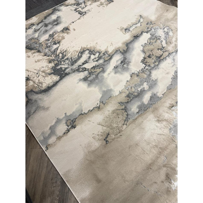 Aurora AU02 Cloud Modern Abstract Distressed Marbled Metallic Shimmer Textured High-Density Soft Smooth Low Profile Polyblend Short-Pile Grey/Beige/Silver/Cream/White Runner