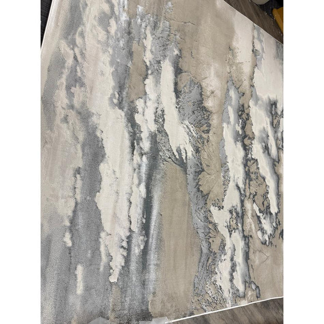 Aurora AU02 Cloud Modern Abstract Distressed Marbled Metallic Shimmer Textured High-Density Soft Smooth Low Profile Polyblend Short-Pile Grey/Beige/Silver/Cream/White Runner