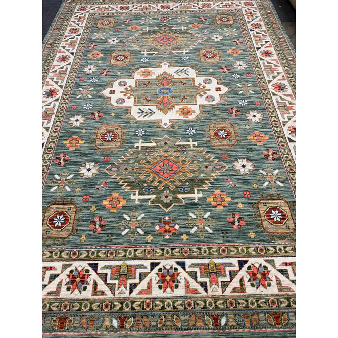 Nomad Vintage Traditional Persian Geometric Medallion Floral Border Low-Profile Wool Blend Loop Pile Green/Multicolour Rug