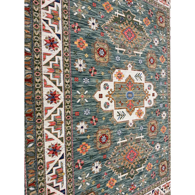 Nomad Vintage Traditional Persian Geometric Medallion Floral Border Low-Profile Wool Blend Loop Pile Green/Multicolour Rug