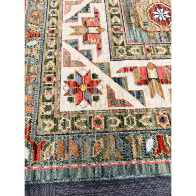 Nomad Vintage Traditional Persian Geometric Medallion Floral Border Low-Profile Wool Blend Loop Pile Green/Multicolour Rug