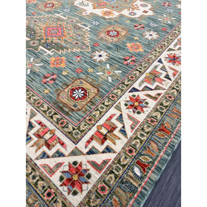 Nomad Vintage Traditional Persian Geometric Medallion Floral Border Low-Profile Wool Blend Loop Pile Green/Multicolour Rug