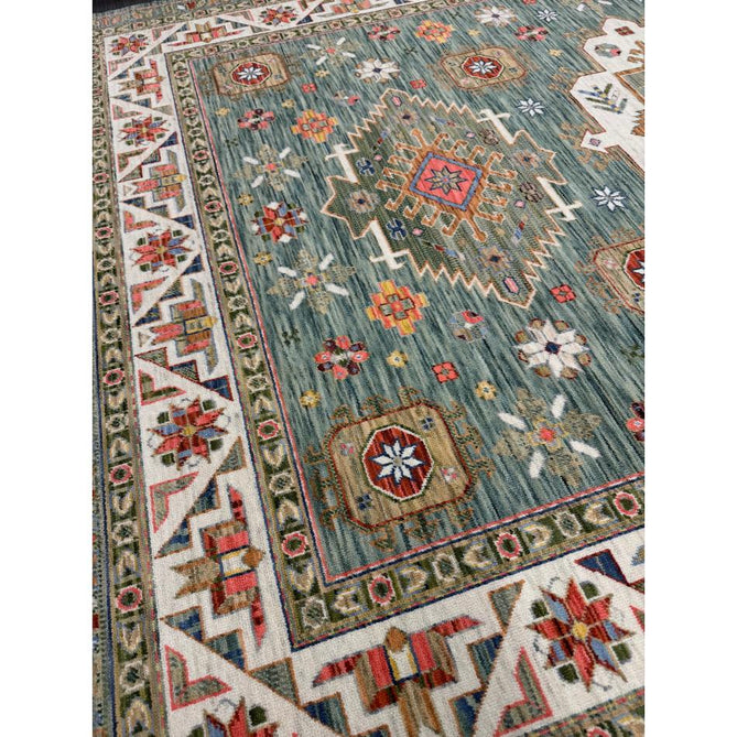 Nomad Vintage Traditional Persian Geometric Medallion Floral Border Low-Profile Wool Blend Loop Pile Green/Multicolour Rug