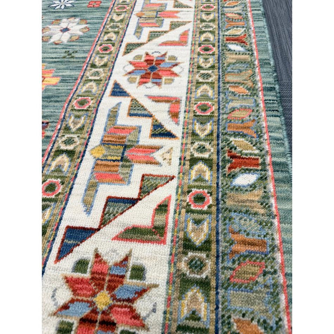 Nomad Vintage Traditional Persian Geometric Medallion Floral Border Low-Profile Wool Blend Loop Pile Green/Multicolour Rug