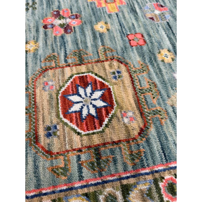 Nomad Vintage Traditional Persian Geometric Medallion Floral Border Low-Profile Wool Blend Loop Pile Green/Multicolour Rug