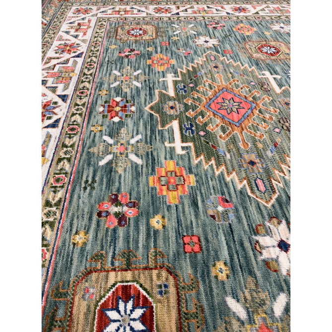 Nomad Vintage Traditional Persian Geometric Medallion Floral Border Low-Profile Wool Blend Loop Pile Green/Multicolour Rug