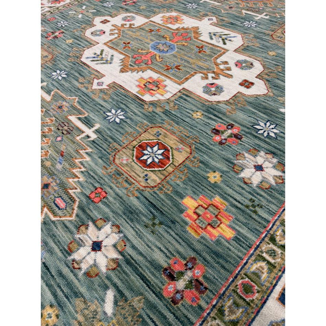 Nomad Vintage Traditional Persian Geometric Medallion Floral Border Low-Profile Wool Blend Loop Pile Green/Multicolour Rug