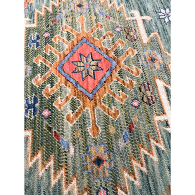 Nomad Vintage Traditional Persian Geometric Medallion Floral Border Low-Profile Wool Blend Loop Pile Green/Multicolour Rug