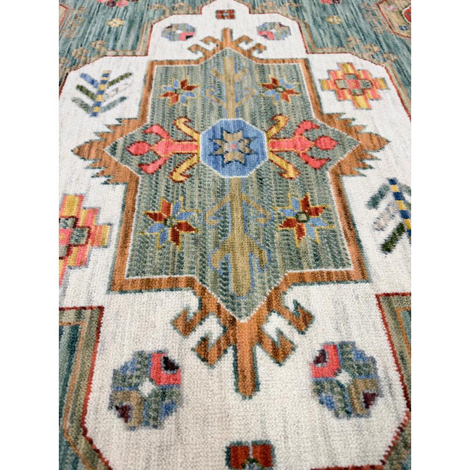 Nomad Vintage Traditional Persian Geometric Medallion Floral Border Low-Profile Wool Blend Loop Pile Green/Multicolour Rug