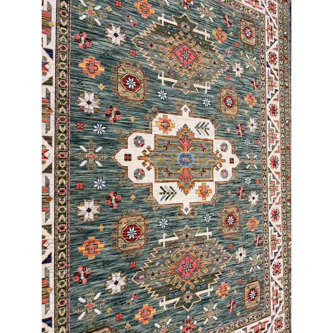 Nomad Vintage Traditional Persian Geometric Medallion Floral Border Low-Profile Wool Blend Loop Pile Green/Multicolour Rug